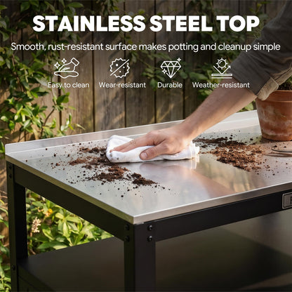 Feasto Outdoor Potting Bench with Storage Cabinet, Garden Work Bench & Potting Table, Stainless Steel Tabletop Potting Station for Patio Lawn Greenhouse Gardening