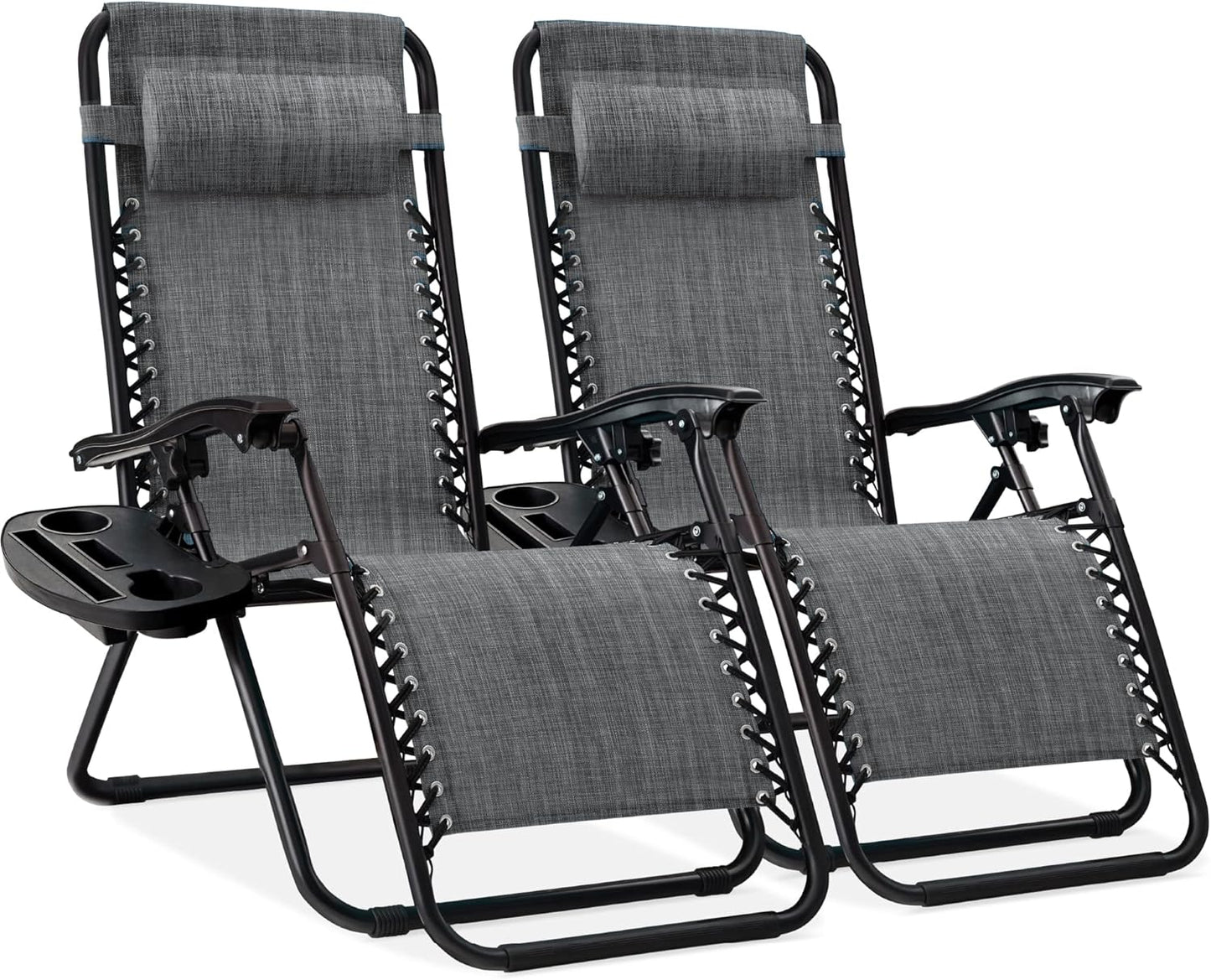 Best Choice Products Adjustable Steel Mesh Zero Gravity Lounge Chair Recliners - Gray, 2-Pack with Pillows & Cup Holders