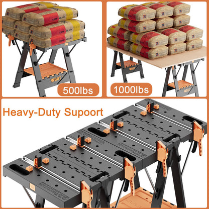 WDOT 2-in-1 Folding Work Bench & Sawhorse, Easy Setup Portable Work Table, 31" W x 25" D x 32" H, Laser-Engraved Scale,Lightweight Worktable with Large Load Capacity, 2 Clamps & 6 Bench Dogs