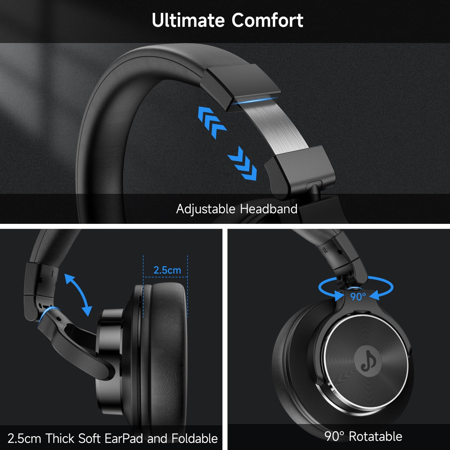 Rumoon Wired Headphones Over Ear, Studio Monitor & Mixing DJ Headphones with 50mm Neodymium Drivers and 1/4 to 3.5mm Jack for Guitar AMP Podcast Piano Keyboard (Black)