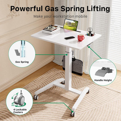 Gibbon Mounts Glass Mobile Standing Desk, Height Adjustable Rolling Laptop Table, 27 inches Portable Sit Stand Desk with Wheels and Hook, Pneumatic Computer Workstation, White