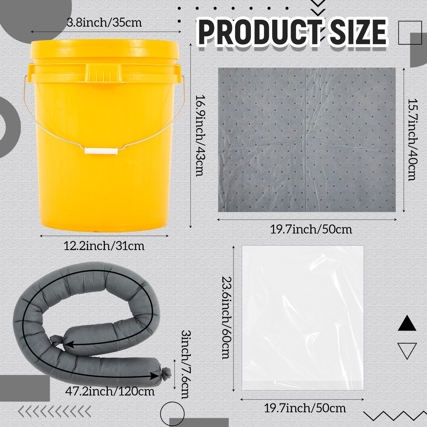 DoubleFill 41 Pcs Universal Spill Kit Portable Complete 9-Gallon Spill Kit, Absorbs Oils Water and More, Yellow Bucket, 30 Absorbent Pads, 4 Pcs 3" x 4' Sorbent Socks, 5 Disposal Bags, PVC Gloves
