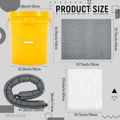 DoubleFill 41 Pcs Universal Spill Kit Portable Complete 9-Gallon Spill Kit, Absorbs Oils Water and More, Yellow Bucket, 30 Absorbent Pads, 4 Pcs 3" x 4' Sorbent Socks, 5 Disposal Bags, PVC Gloves