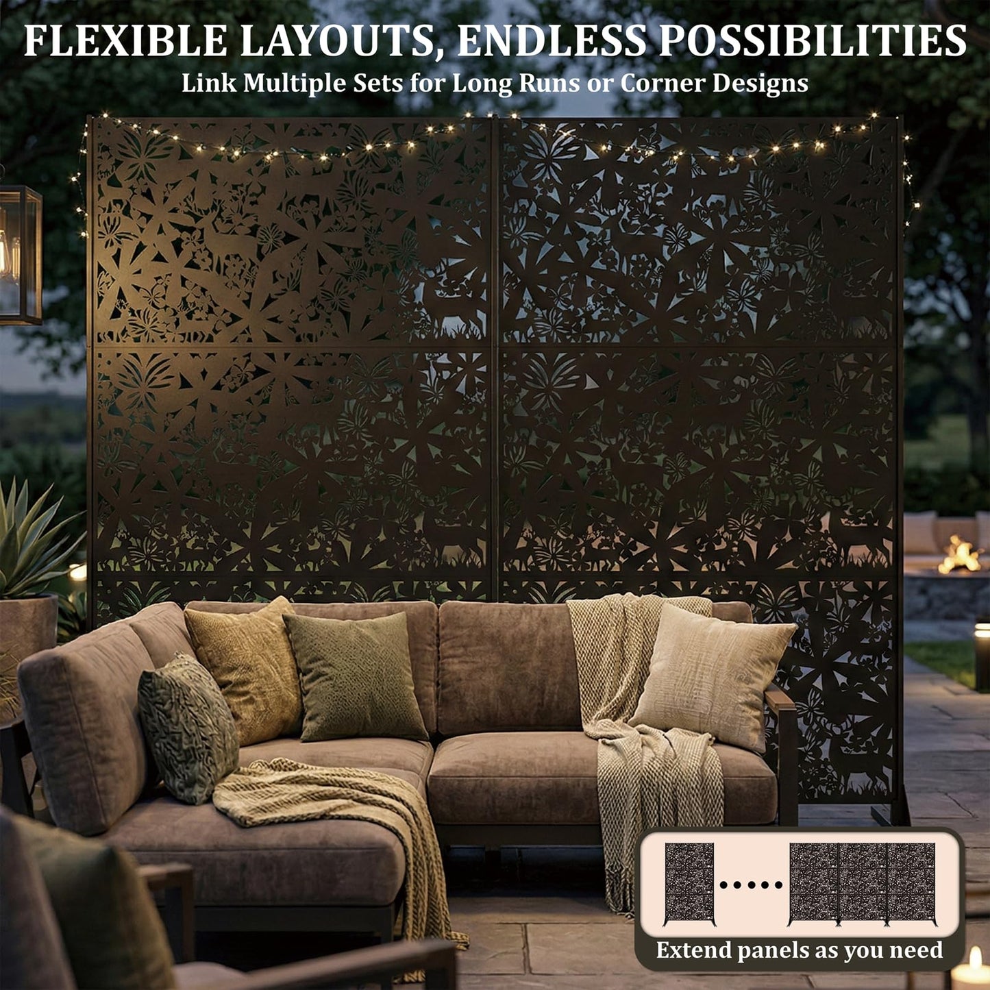 Metal Privacy Screen Outdoor 6FT – Freestanding Laser Cut Steel Garden Divider Panel with Stand, Decorative Modern Privacy Screen for Patio, Deck, Backyard & Balcony, Rustproof & Weather-Resistant