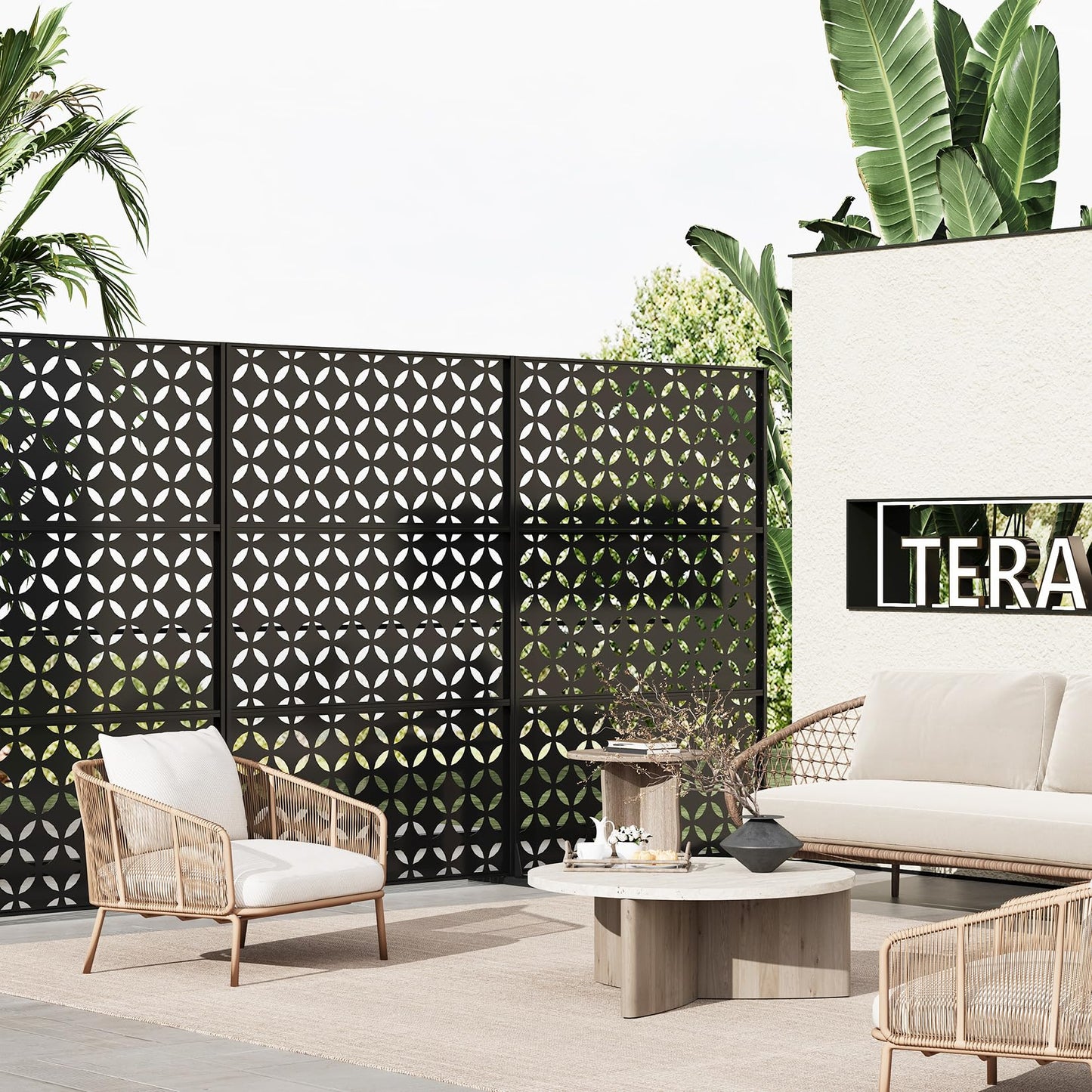72" h × 47" w Outdoor Privacy Screen, Laser Cut Metal Garden Divider Panel with Tropical Leaf Design, Freestanding Weatherproof Privacy Fence for Patio Deck Backyard Balcony