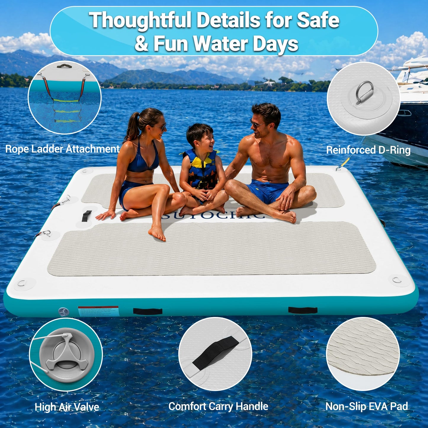 SUYOCHIC 10FT x 6FT Inflatable Floating Dock with EVA Non-Slip Surface, Air Dock Floating Platform Lake Floats, Water Mat Floating Island Raft Mat for Lake Beach Boat Ocean