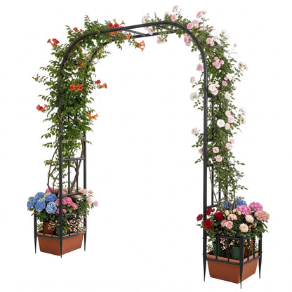 GARDFANCY Garden Arch with Planter Boxes, Metal Arbor Trellis for Climbing Plants Outdoor, Heavy Duty Iron Archway for Wedding Ceremony Party Backyard Lawn Patio Decor, Black
