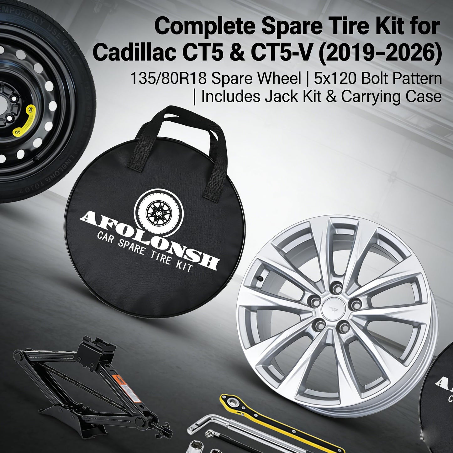 Afolonsh Spare Tire Kit Compatible with 2019-2026 Cadillac CT5 And CT5-V | 135/80R18 Spare Wheel on 18x4 Rim | 5x120 Bolt Pattern | 26.5" Rolling Diameter | Includes Car Jack Kit & Tire Carrying Case