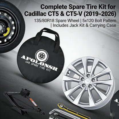 Afolonsh Spare Tire Kit Compatible with 2019-2026 Cadillac CT5 And CT5-V | 135/80R18 Spare Wheel on 18x4 Rim | 5x120 Bolt Pattern | 26.5" Rolling Diameter | Includes Car Jack Kit & Tire Carrying Case