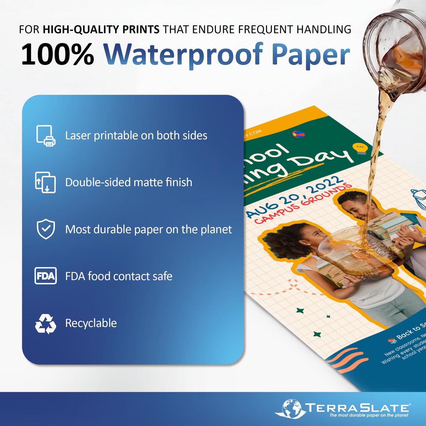 TerraSlate Waterproof Laser Printer Paper, 5 MIL 8.5" x 14", White, 250 Sheets I Rain/Weather/Rip-Proof Printing Paper
