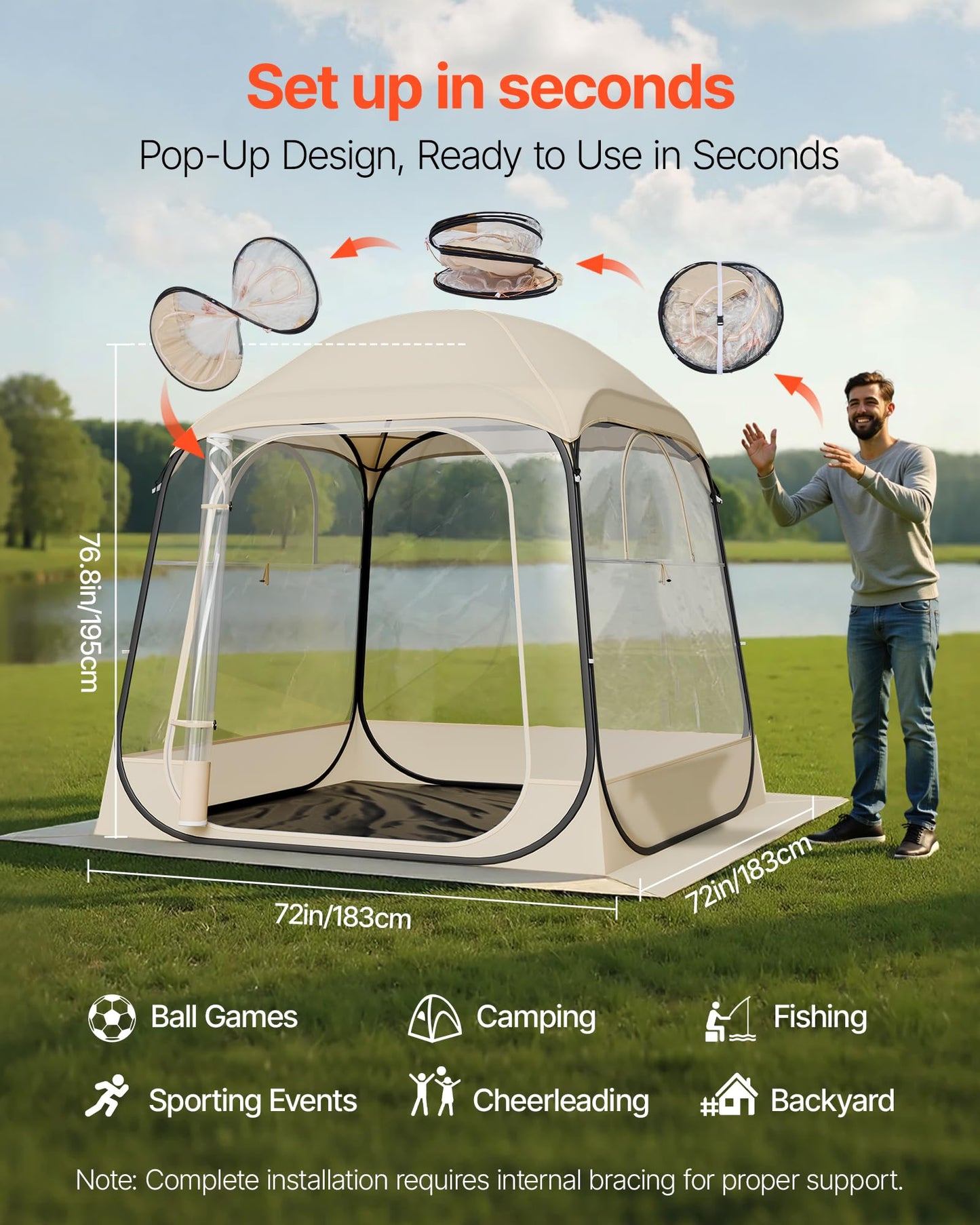 VEVOR Pop Up Sports Tent, 72" x72x76.8 Instant Weather Proof Clear Tent for 4–6 Persons, Portable Foldable Shelter with Removable Floor Mat & Top Cover, for Watching Sports Events, Camping, Fishing