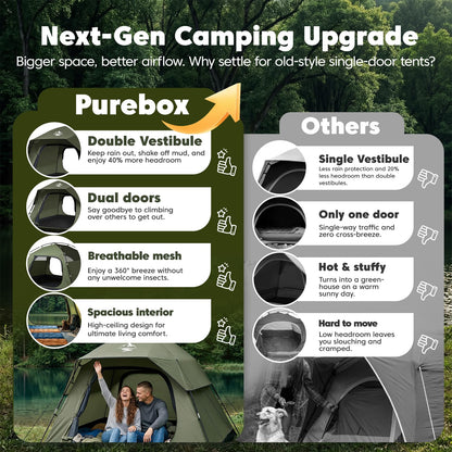 Purebox Tent 4 Person Camping Tents - Double Layer with 2 Doors & Rainfly, Portable Waterproof & Windproof Tents, Large Mesh Ventilation, Easy Setup Family Tent for Camping, Hiking and Backpacking