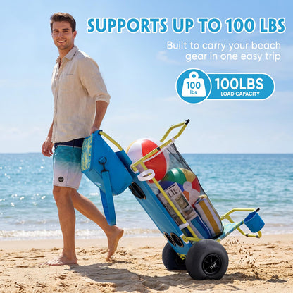 2-in-1 Beach Cart with Big Balloon Wheels for Sand, Folding Utility Wagon with Chair Holder, Cooler Bag, Mesh Storage, 4 Cup Holders, Umbrella Rack, Supports 100 lbs, Ideal for Beach, Camping, Picnic