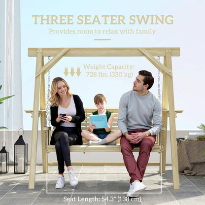Outsunny 3 Seat Porch Swing with Stand, Wooden Patio Swing Chair with Side Tables and Metal Chains, Outdoor Swing Bench for Garden, Poolside, Backyard, Natural Wood