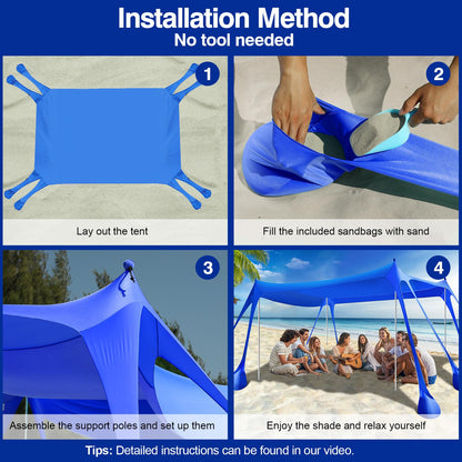 Rhino Valley Beach Tent, 10 x 13 FT Beach Shade UPF50+ Protection, Beach Canopy with 8 Sandbags 4 Stability Poles,Outdoor Beach Tent Sun Shelter Umbrella for Sand,Camping,Fishing Essentials, Indigo