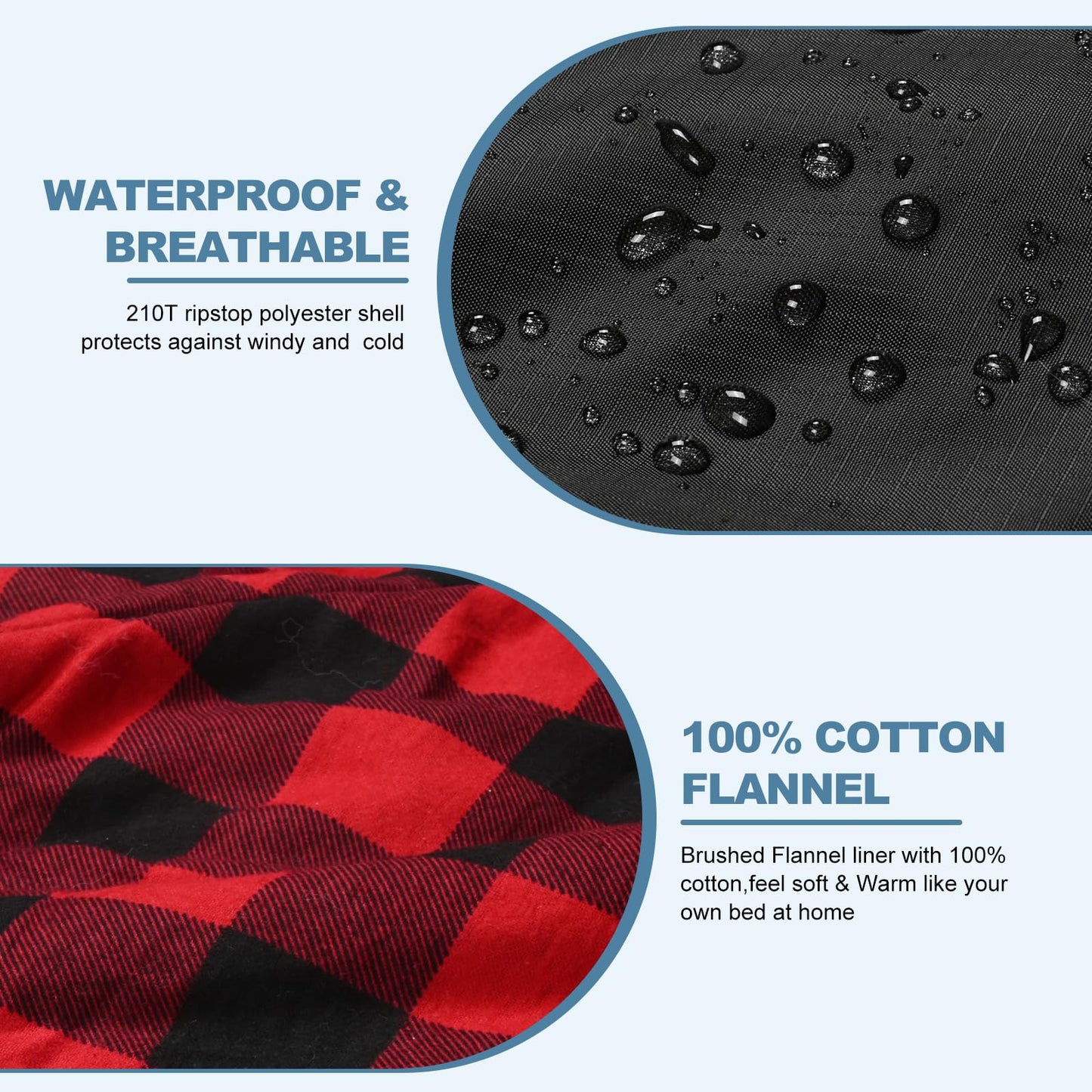 AGEMORE Cotton Flannel Double Sleeping Bag with Fleece Lined Hood, Waterproof Queen Size 2 Person Sleeping Bag for Adults Cold Weather Camping Backpacking or Hiking, 3-4season