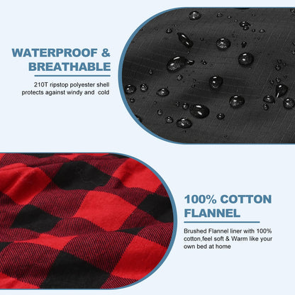 AGEMORE Cotton Flannel Double Sleeping Bag with Fleece Lined Hood, Waterproof Queen Size 2 Person Sleeping Bag for Adults Cold Weather Camping Backpacking or Hiking, 3-4season