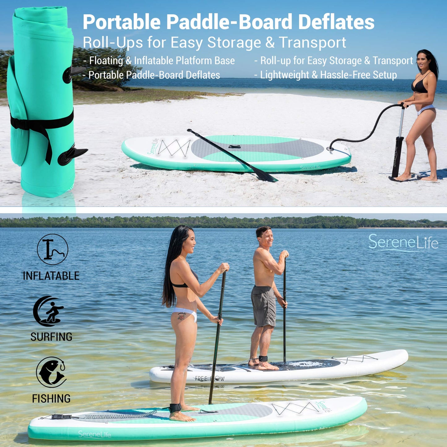 SereneLife Inflatable Stand Up Paddle Board - Wide Stable Design, Non-Slip Deck for Adults & Youth with Premium Paddle Board Accessories: Carry Bag, Dual Action Pump, Paddle, Ankle Leash - 10'
