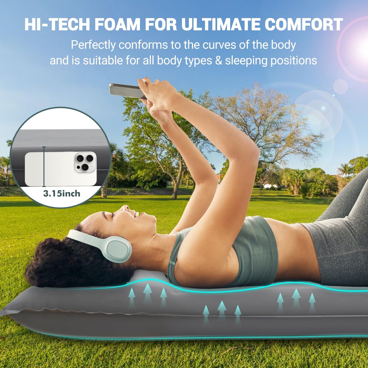 Elegear CumbreX™ Self Inflating Sleeping Pad, Built-in Electric Pump 3.15" Ultra-Thick Memory Foam Camping Mattress Pad with Pillow Double Sleeping Pad for Camping R-value 9.5 Foam Camp Pad for Travel
