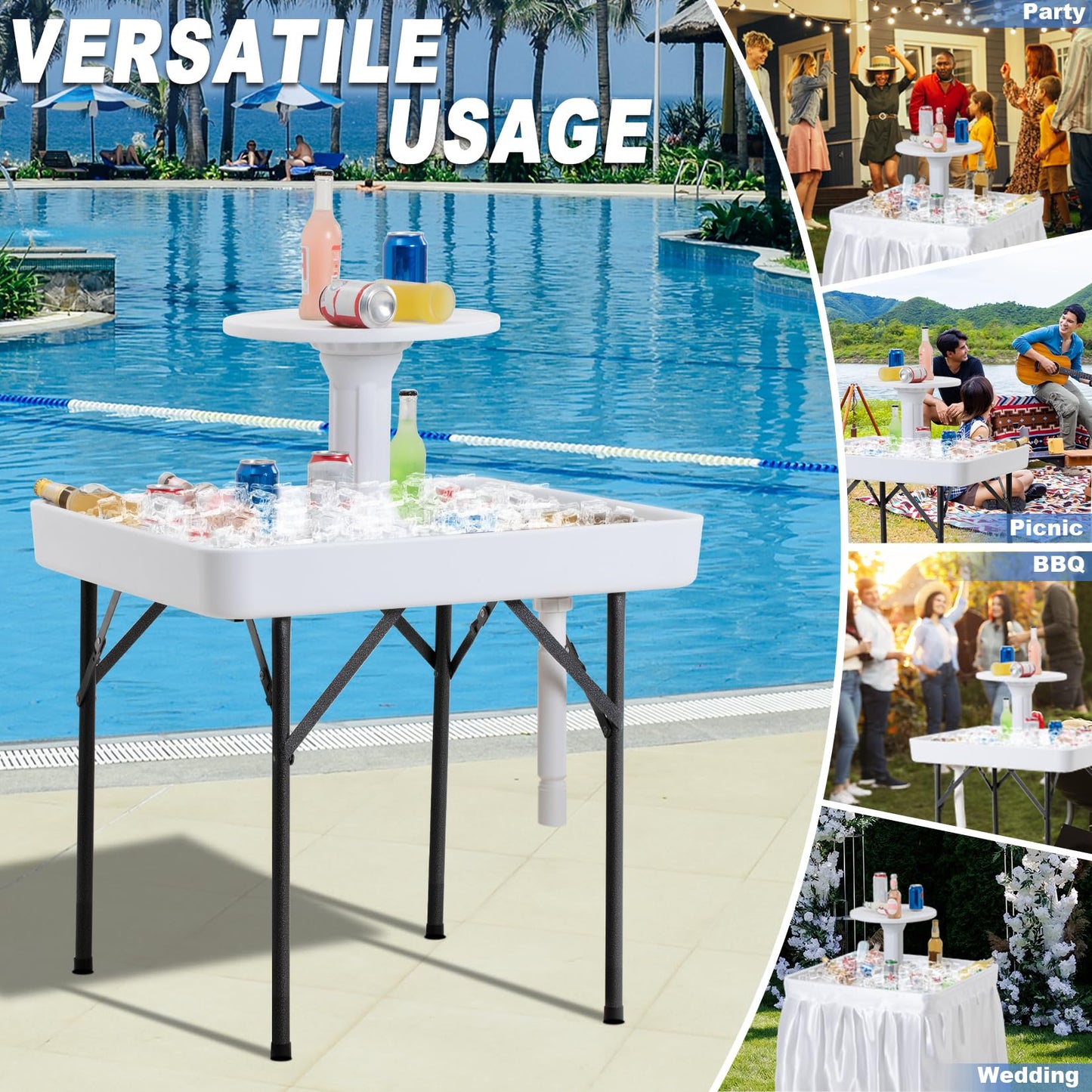 Haddockway Two-Tier Ice Cooler Table, Square Ice Tables for Parties with Drain, Removable Matching Skirt & Rounded Tray, Folding Outdoor Cooler Table for Picnic, Camping, Fishing, Wedding