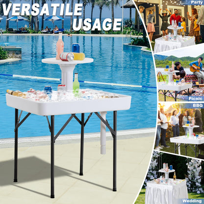 Haddockway Two-Tier Ice Cooler Table, Square Ice Tables for Parties with Drain, Removable Matching Skirt & Rounded Tray, Folding Outdoor Cooler Table for Picnic, Camping, Fishing, Wedding