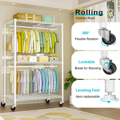 FUTASSI P3 Plus Rolling Clothes Rack, Clothing Racks for Hanging Clothes, Heavy Duty Garment Rack with Wheels, Freestanding Portable Closet Racks 45" W x 14" D x 78.5" H, Max Load 480 LBS, White
