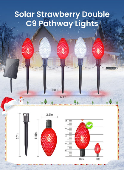 Minetom Solar C9 Strawberry Christmas Pathway Lights - 16FT, 10 LED, 8 Modes, Red & White, Polycarbonate, Model 96ebb898-d573