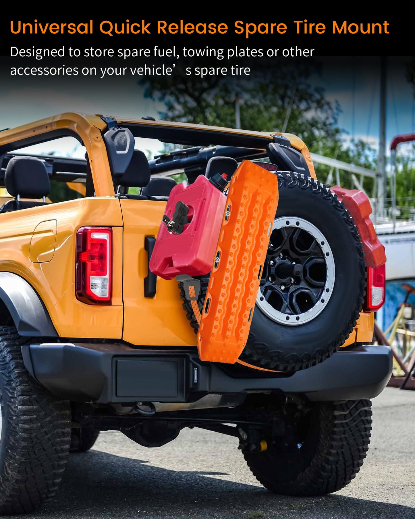 Krysolad 2 Pcs Lockable Universal Quick Release Spare Tire Mount with Ratchet Strap, Molle Panel Tire Mount with Oil Drum Lock and Vehicle Tow Plate Mount, Steel, Fit for 30" - 40" Diameter Tires