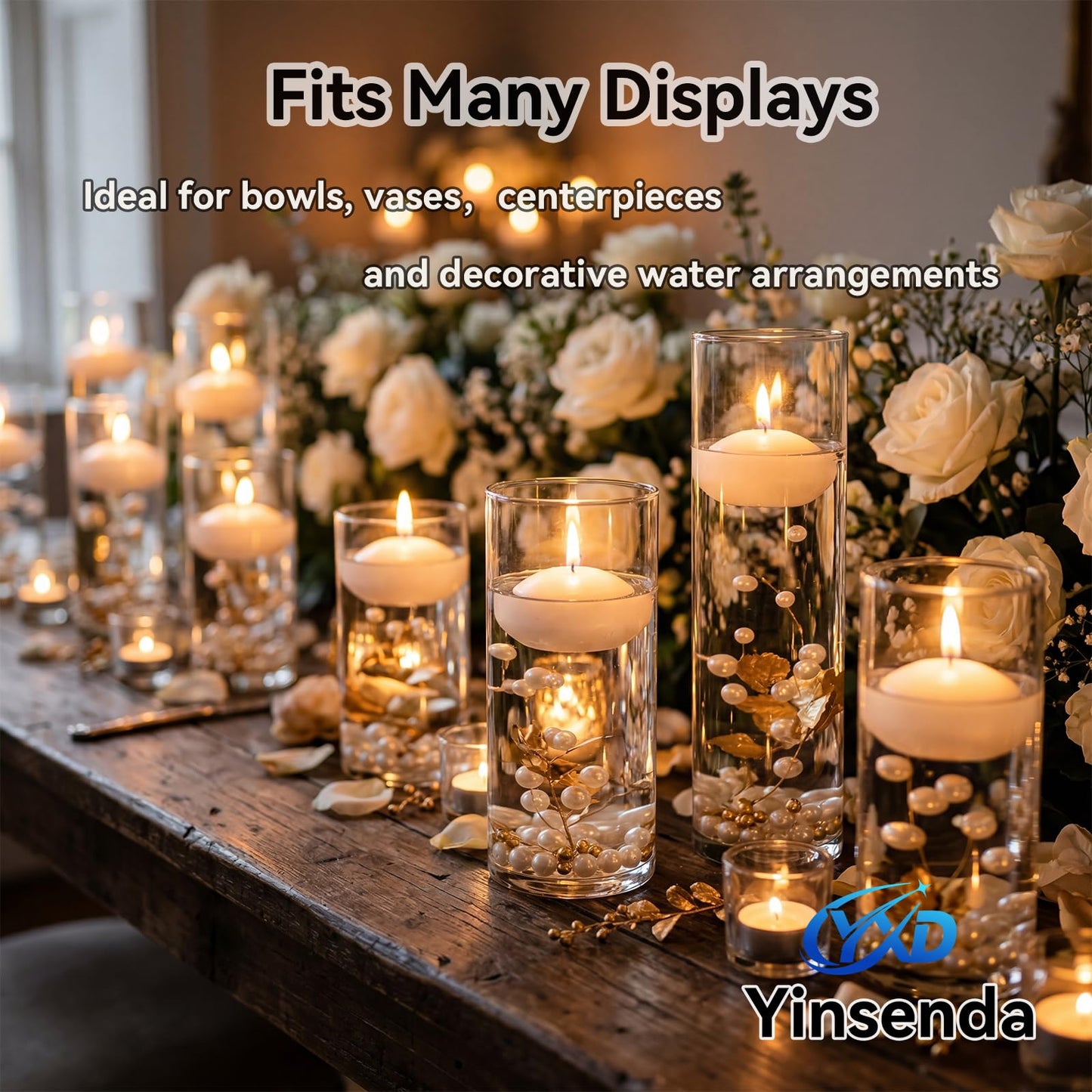 Yinsenda 12 Pack White Floating Candles - 3 Inch Unscented Round Candles, 7-9 Hrs Long Burning for Cylinder Vases, Wedding Centerpieces, Parties & Bath Décor