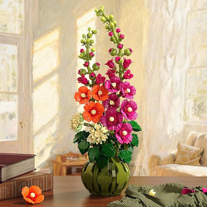Flowers Botanicals Alcea Rosea Building Set for Adults - Artificial Bonsai Plant for Home Office Décor 974PCS Flower Building Block Indoor Decoration Birthday Easter Gift for Wife Women