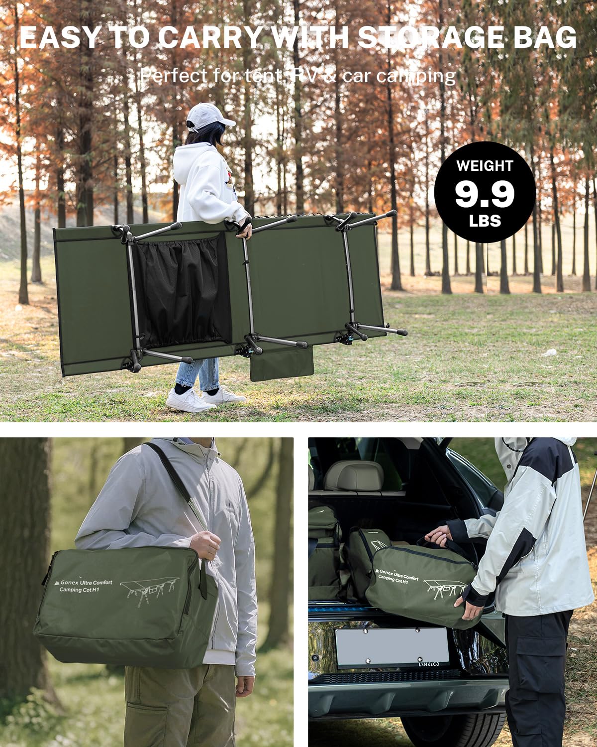 Gonex 31.5" Extra Wide Camping Cot with Leg Extenders 2 in 1 Portable Folding Cot for Adults Height Adjustable Supports 350lbs Sleeping Bed for Backpacking Travel Beach Home (Army Green)
