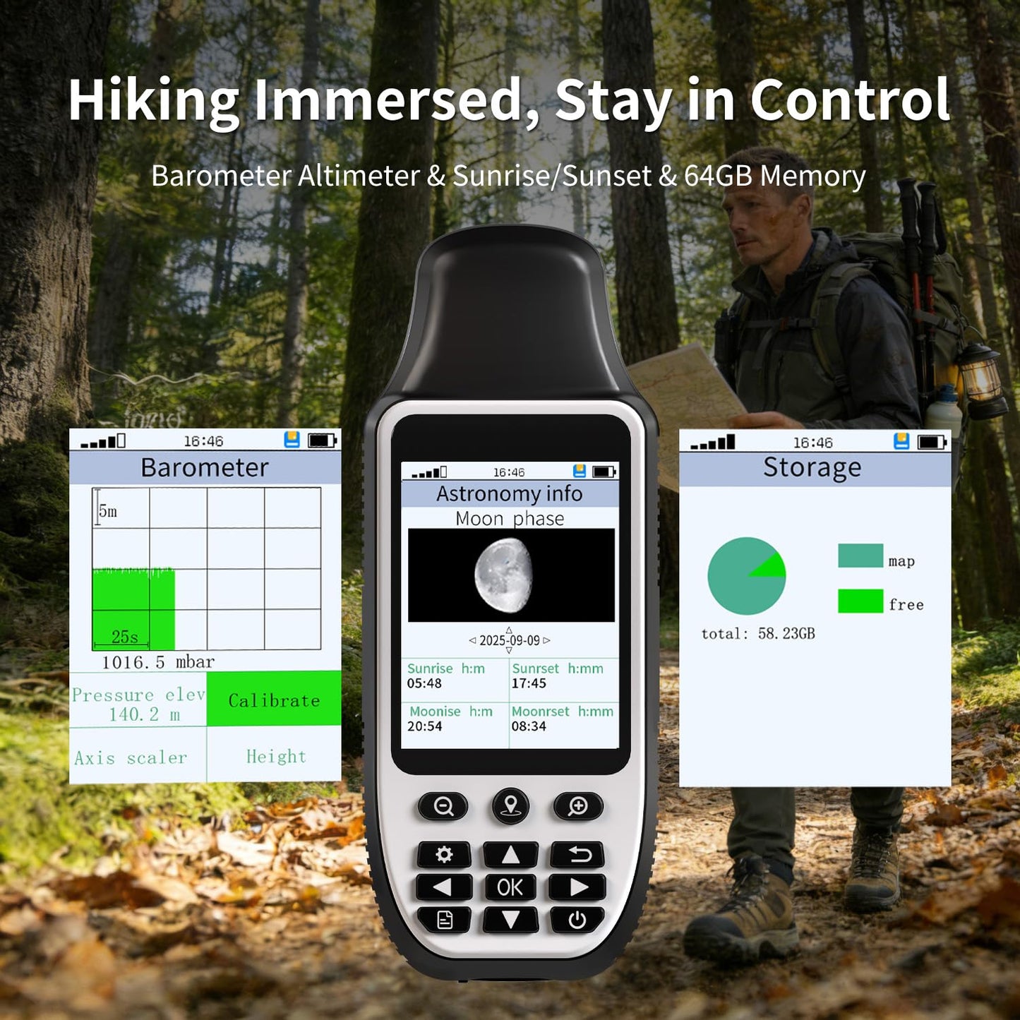 S190 Handheld GPS Navigator, Rugged Handheld GPS for Hiking with 3-Axis Compass, 3.2" Color Display, Handheld GPS with Preloaded USA Topo Maps, 64GB Memory and Extra Battery Life