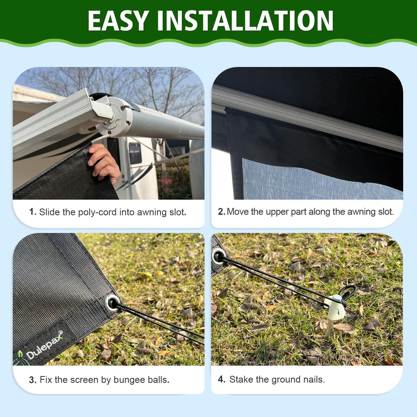 Dulepax RV Awning Sun Shade Screen with Zipper 9'X18'3'' -Second Generation RV Awning Shade Screen Significantly Improves Shadew and Privacy.Universal, Capmer Awning Shade with Complete Kits