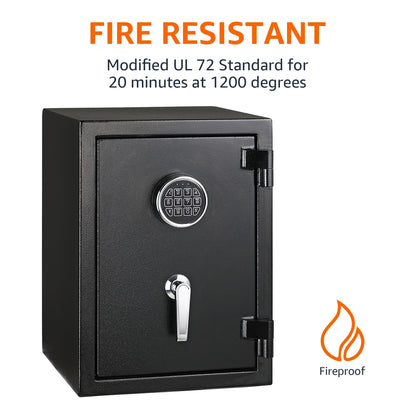 Amazon Basics Fire Safe with Programmable Electronic Keypad, 1.24 Cubic Feet, 14-Gauge Steel, UL 72 Compliant, 14.2"W x 13.8"D x 19.7"H, Black, for Documents and Valuables