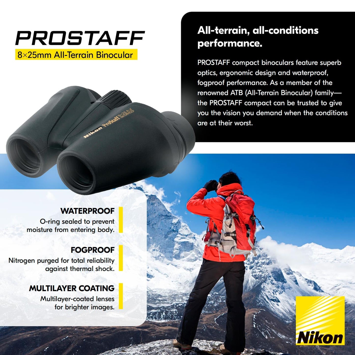 Nikon PROSTAFF 8x25mm ATB All-Terrain Binocular with Long Eye Relief, Bright Multilayer-Coated Lenses, Non-Slip Rubber Exterior - Compact Waterproof Fogproof Nature Observation Binoculars (7483)