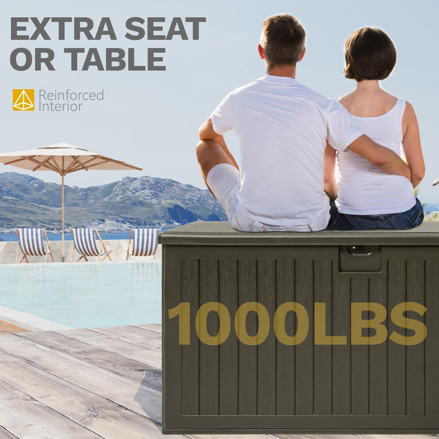 DWVO 230 Gallon Resin Outdoor Storage Box, XXL Double-Wall Waterproof Deck Box with Divider, Doubles as Table or Seating with 1000 lbs Capacity, Lockable (Light Brown)
