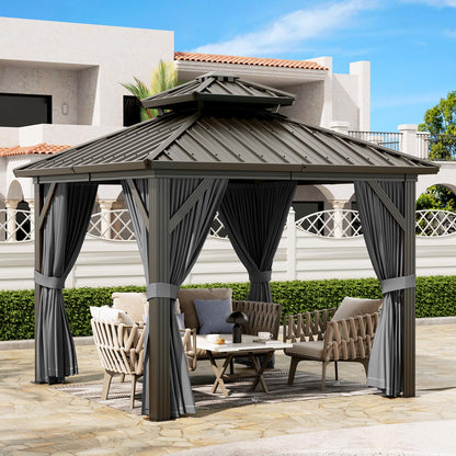 GarveeHome Outdoor Gazebos Canopy 10 x 10 ft Permanent with High Strength Aluminum Frame, Iron Double-Roof, Pavilion with Curtain and Netting for Patio, Lawn, Deck, Garden