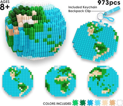 Pix Brix Space Bottle – Earth Set | 973-Piece 2D &amp 3D Earth Building Kit for Kids 8+ | Reusable Storage Bottle Keychain Clip Pixel Art Blocks | STEM Toy Compatible with Major Brick Brands