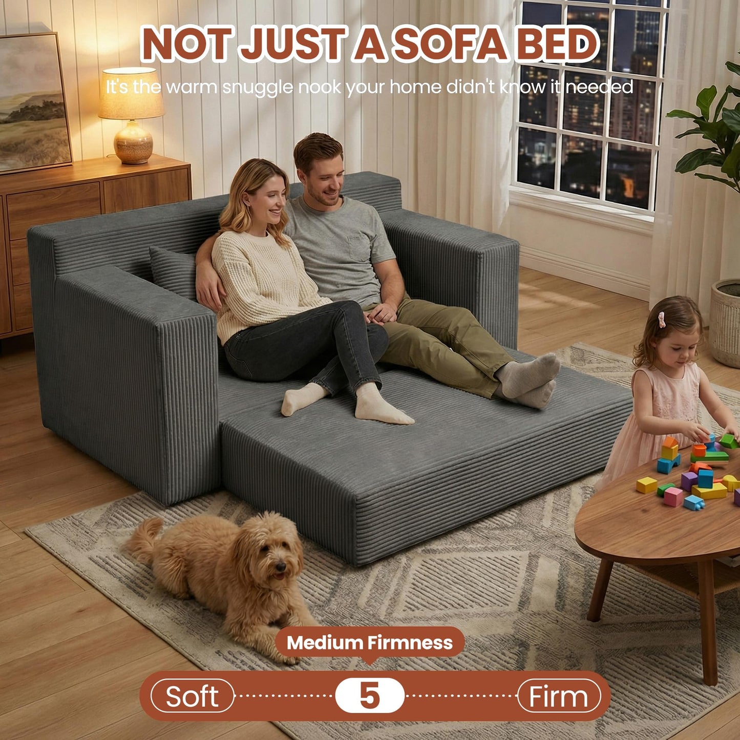 AOLVDOW Convertible 5 in 1 Futon Sofa Bed Full Size, Corduroy Boneless Couch Sleeper Sofa with 4 Pillows, Foldable Pull Out Loveseat Floor Mattress for Living Room, Apartment, Small Space & Dorm