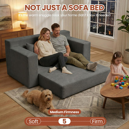 AOLVDOW Convertible 5 in 1 Futon Sofa Bed Full Size, Corduroy Boneless Couch Sleeper Sofa with 4 Pillows, Foldable Pull Out Loveseat Floor Mattress for Living Room, Apartment, Small Space & Dorm