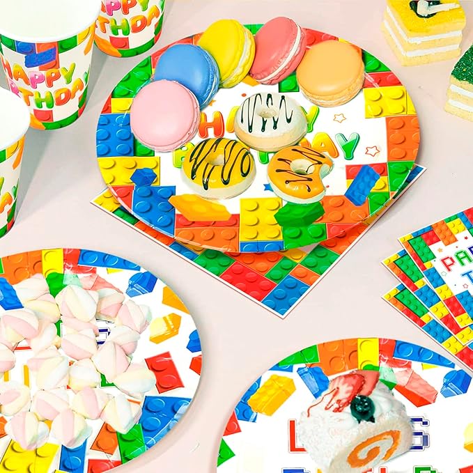 Building Blocks Birthday Party Supplies 10 Guests Building Blocks Tableware Set Building Blocks Party Plates Napkins Backdrop Balloons etc Building Block Party Decorations