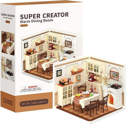 ROBOTIME Super Creator Toy Building Set DIY Miniature House Kit with LED Tiny Room Making Kit Expandable Plastic Craft Toy for Creative Play Home Decor Unique Hobby Gift (Warm Dining Room)