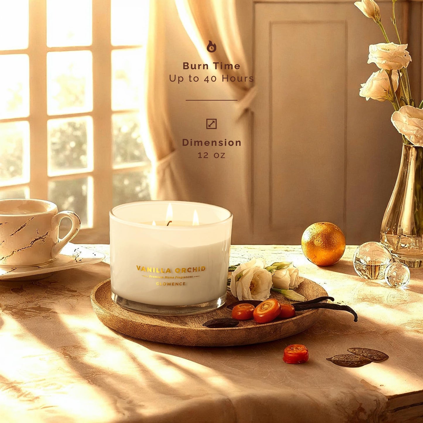 Glowence Luxury Vanilla Scented Candle - Large 3 Wick Jar Candle - Elegant Gift for Women & Men - 100% Natural Soy Wax - Up to 40 Hours Burning Time - Housewarming Aromatherapy Candle for Home