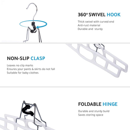 Quality Hangers 10 Pack Premium Skirt Hangers - Thin Space Saving Pant Hangers Set with Clamp, Shorts Hangers with Heavy Duty Locking Clasp, Multipurpose Jean Hangers Set - White