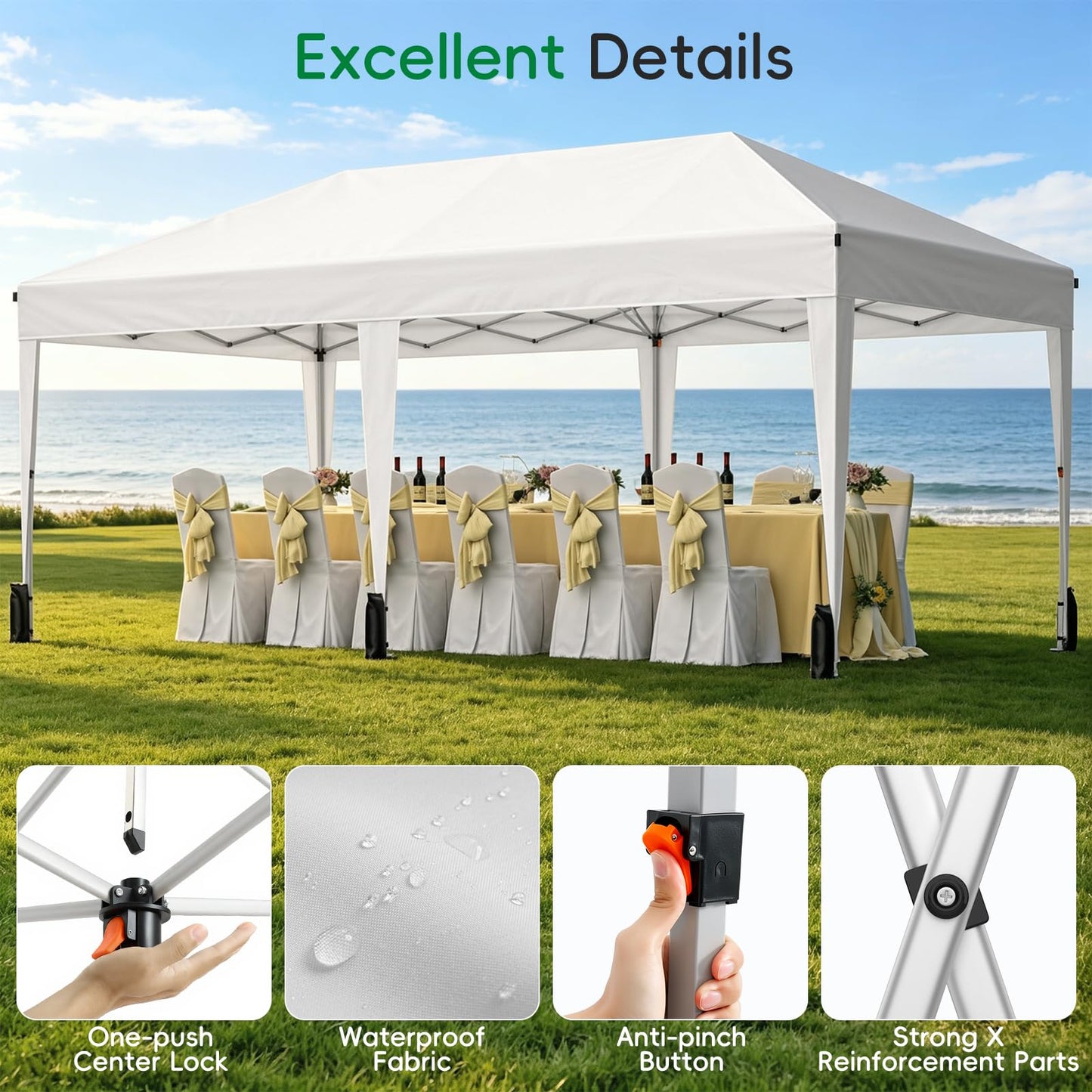 Driftalia 10x20 Pop up Canopy Tent with 6 Sidewalls, Outdoor Canopy with Windows & Roller Bag, Party Tent for Commercial Events, Weddings, Camping - White