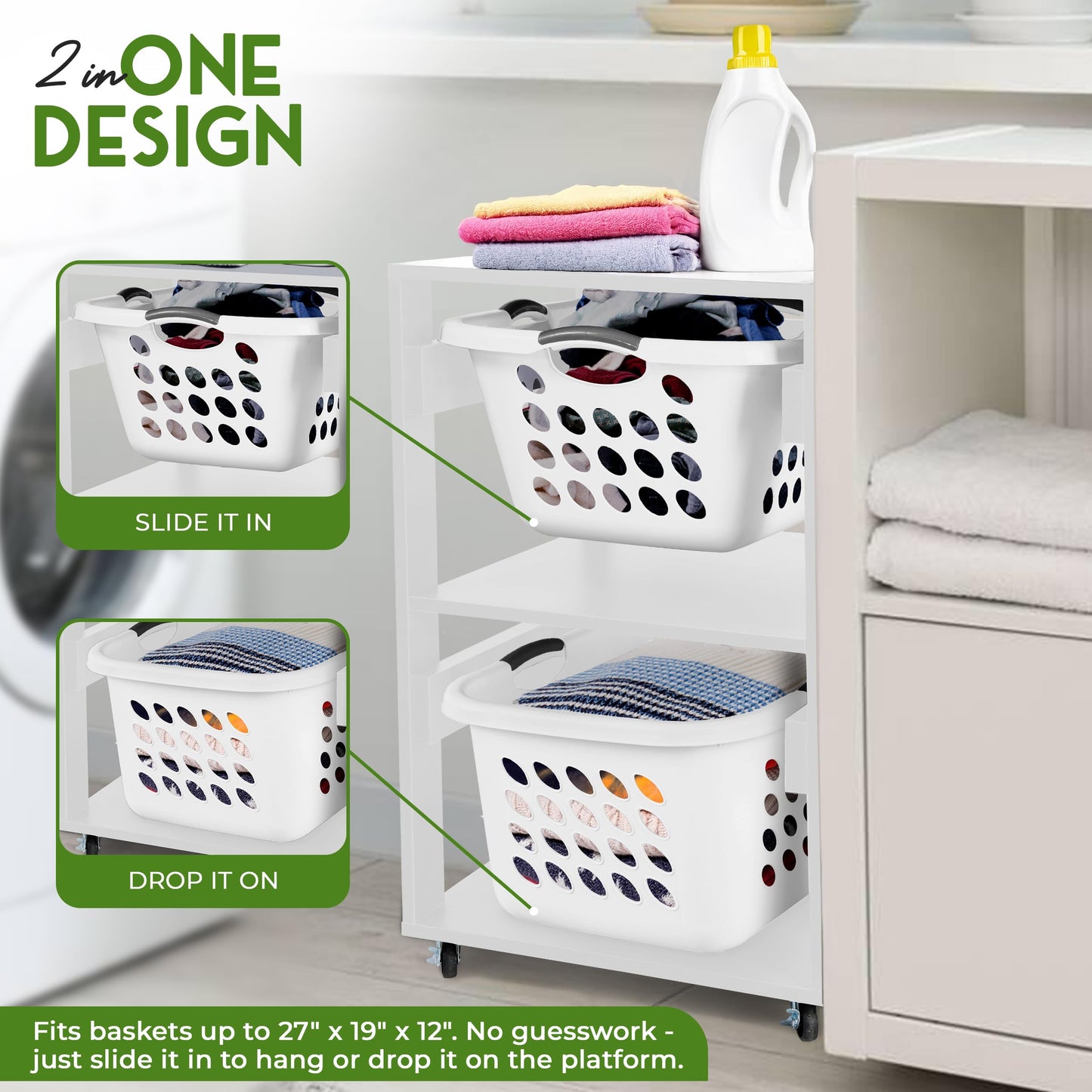 Laundry Basket Holder Shelf – Stackable Engineered Wood Laundry Tower with Wheels, Tiered Laundry Hamper Organizer for Bathroom, Bedroom, Closet (White, 2 Tier)