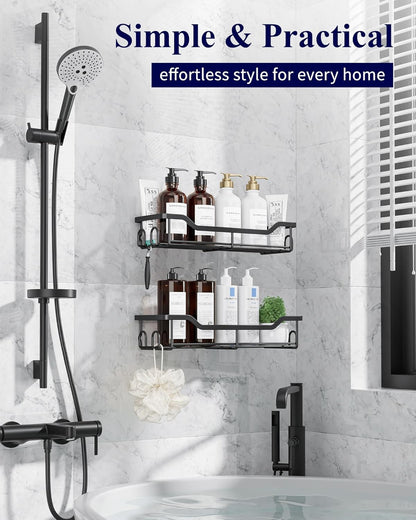 Kitsure Shower Caddy - Large Adhesive Organizer | Stainless Steel Shelf for No-Drill Bathroom Storage, 2 Pack, Black