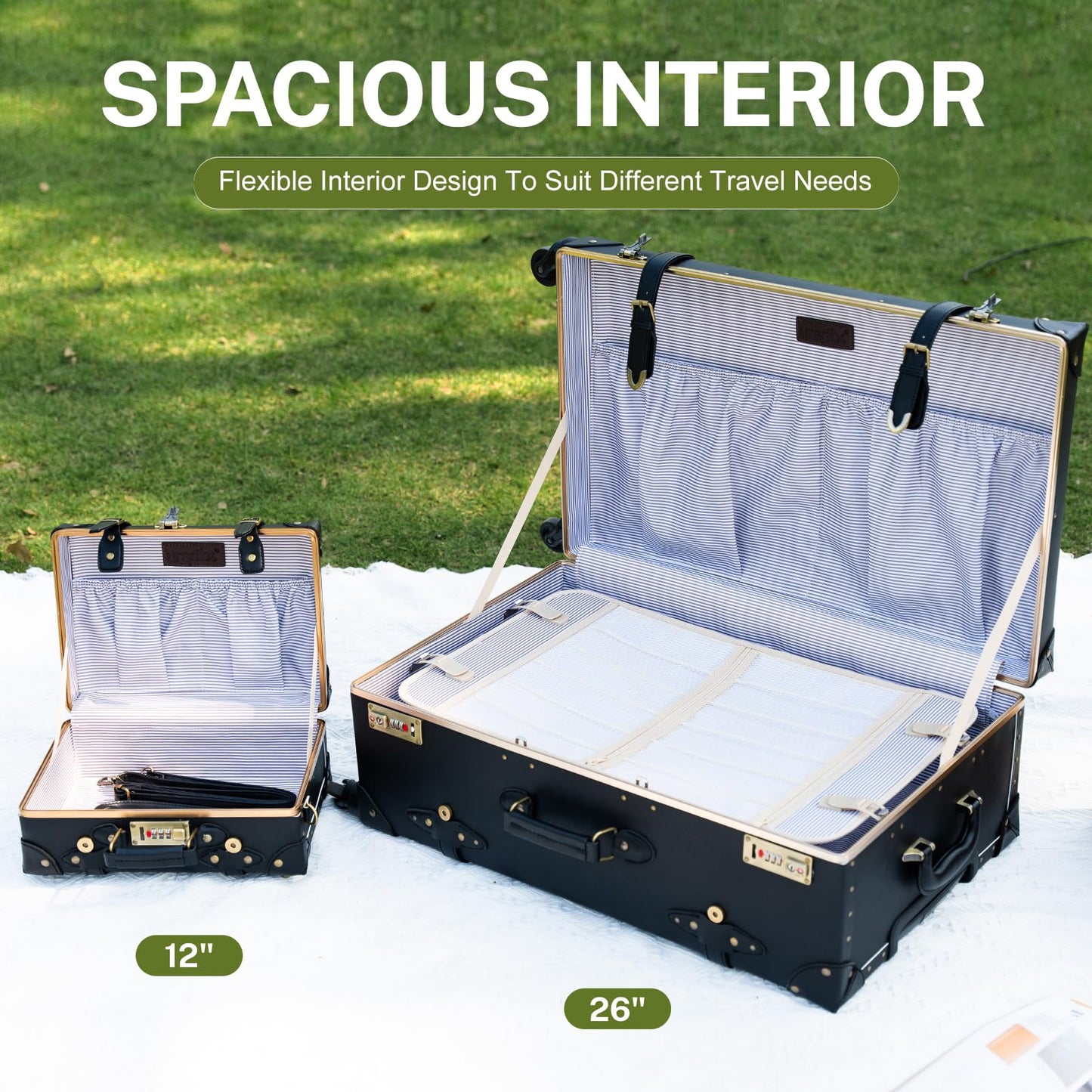 urecity Designer Vintage Trunk Combination Luggage Sets of 2 Piece, Hard Shell Retro Travel Suitcase with Wheels (Black, 20"+12")