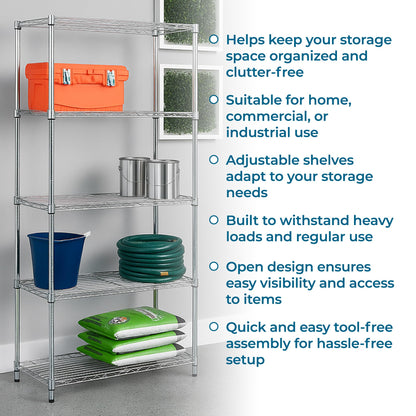 Honey-Can-Do 5-Tier Heavy Duty Adjustable Shelving Unit with Wheels, 350-lb Per Shelf NSF Certified Rolling Metal Storage Rack, Chrome Wire Shelf, 36 x 18 x 72 in