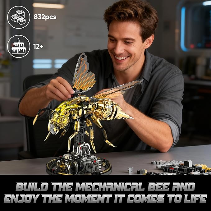 Mechanical Bee Building Blocks Kit for Adult Technic Bee Buildings Set for Adults with LED Light &amp Display Stand Robot Animal Building Toy with Moving Wings for Adults &amp Kids 832Pcs